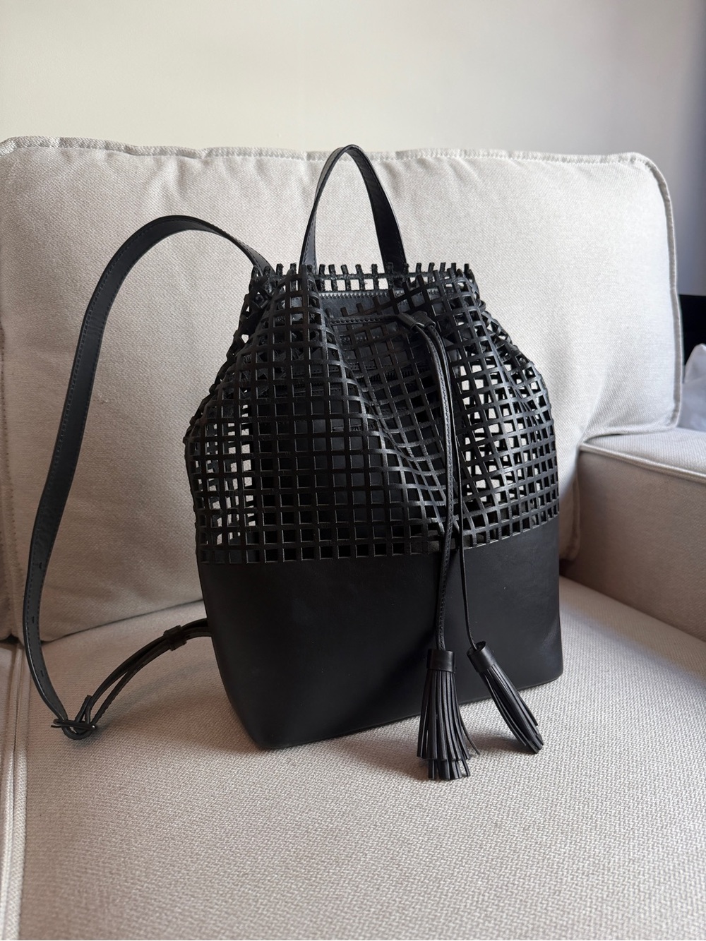 Loeffler Randall Black Grid Leather Drawstring Backpack with Tassels